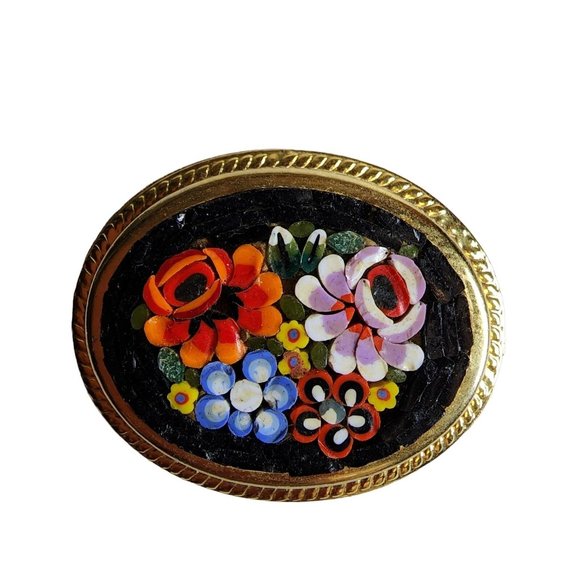 Vintage Italy Micro Mosaic Millefiori 4 Flowers Red Pietra Dura Brooch Pin Oval - Picture 8 of 11